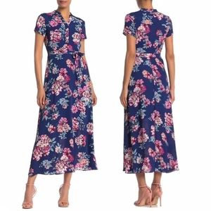 Nanette Lepore Navy Floral Tie Waist Maxi Dress Women's 4 Blue/Pink